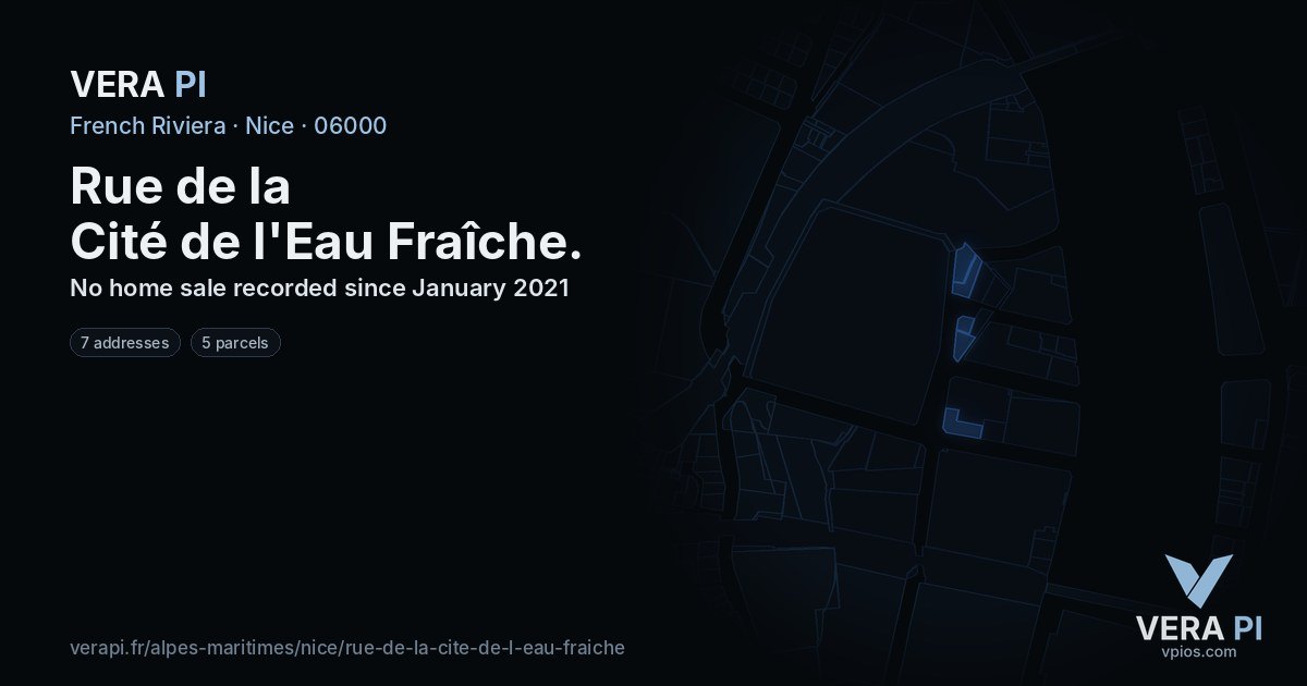 Rue de la Cité de l'Eau Fraîche, Nice at night – every parcel coloured by the prices around it, the street's own parcels lit