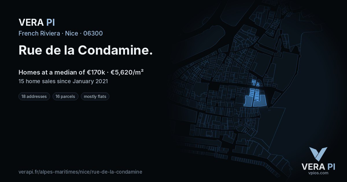 Rue de la Condamine, Nice at night – every parcel coloured by the prices around it, the street's own parcels lit