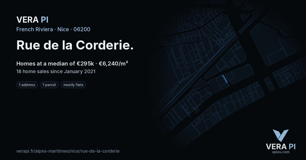Rue de la Corderie, Nice at night – every parcel coloured by the prices around it, the street's own parcels lit
