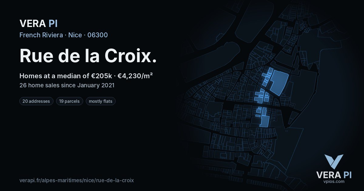 Rue de la Croix, Nice at night – every parcel coloured by the prices around it, the street's own parcels lit