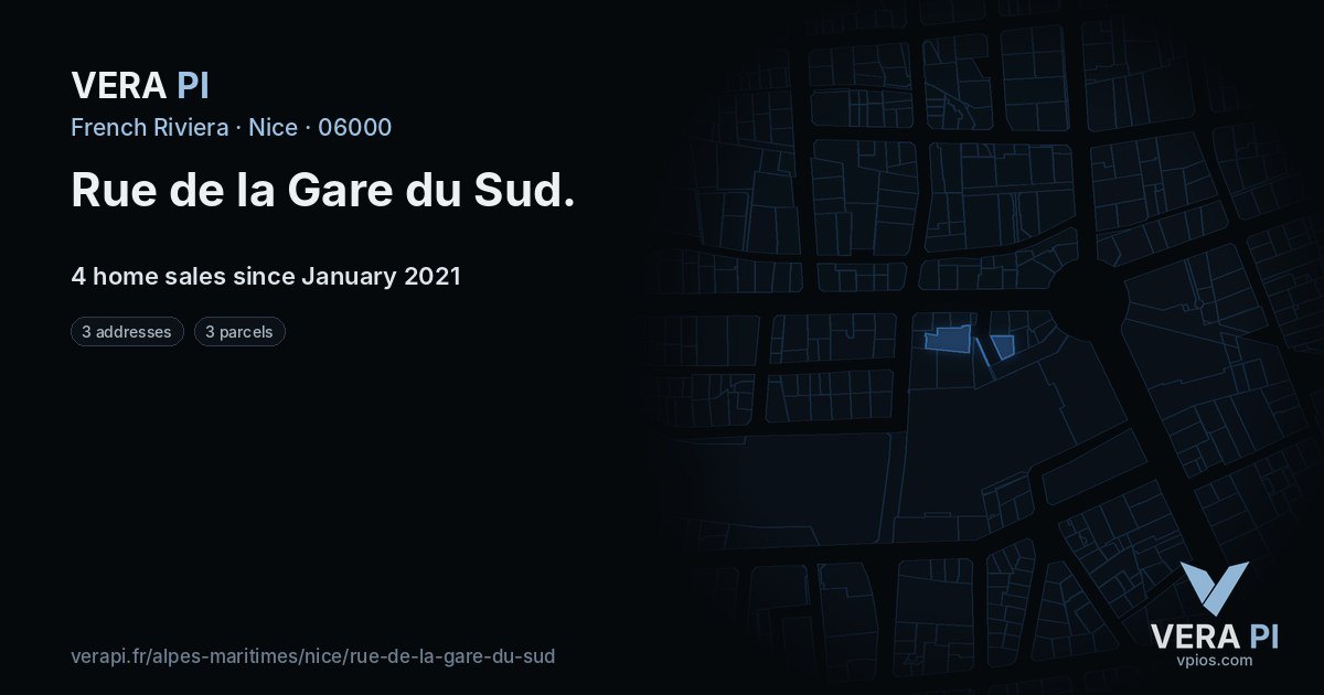 Rue de la Gare du Sud, Nice at night – every parcel coloured by the prices around it, the street's own parcels lit