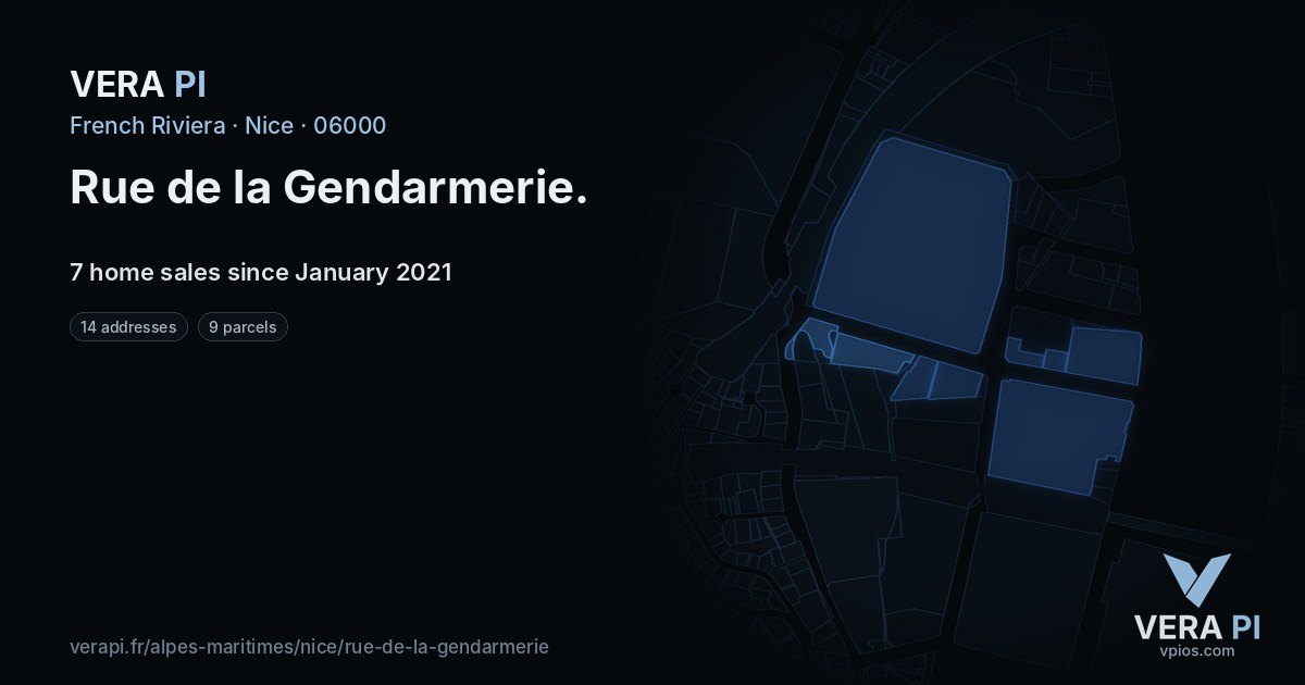 Rue de la Gendarmerie, Nice at night – every parcel coloured by the prices around it, the street's own parcels lit