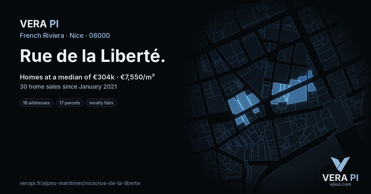 Rue de la Liberté, Nice at night – every parcel coloured by the prices around it, the street's own parcels lit