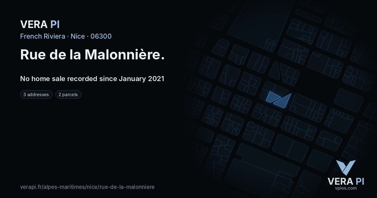 Rue de la Malonnière, Nice at night – every parcel coloured by the prices around it, the street's own parcels lit