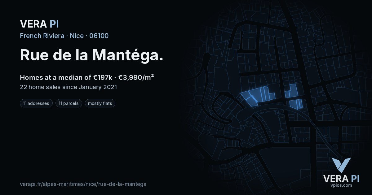 Rue de la Mantéga, Nice at night – every parcel coloured by the prices around it, the street's own parcels lit