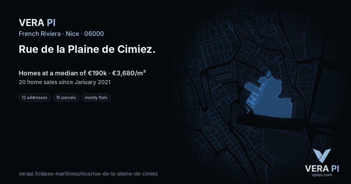 Rue de la Plaine de Cimiez, Nice at night – every parcel coloured by the prices around it, the street's own parcels lit