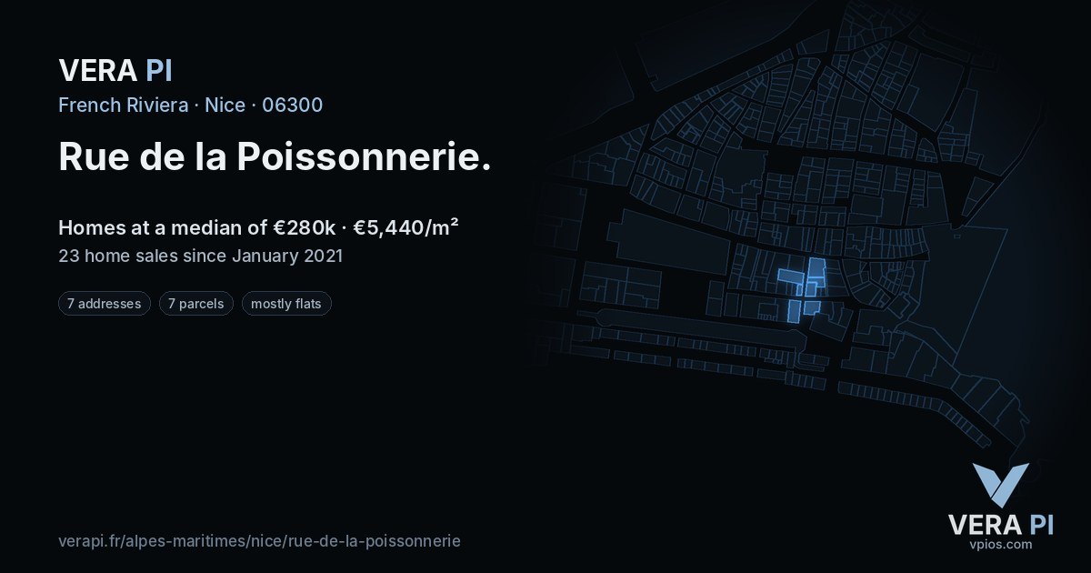 Rue de la Poissonnerie, Nice at night – every parcel coloured by the prices around it, the street's own parcels lit