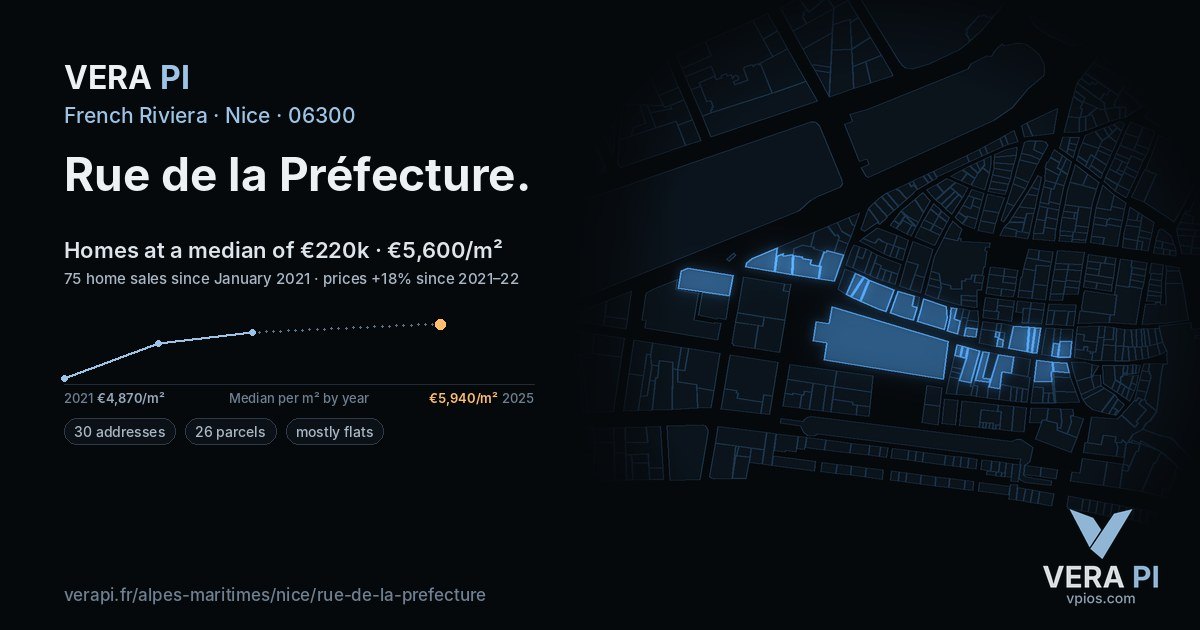 Rue de la Préfecture, Nice at night – every parcel coloured by the prices around it, the street's own parcels lit