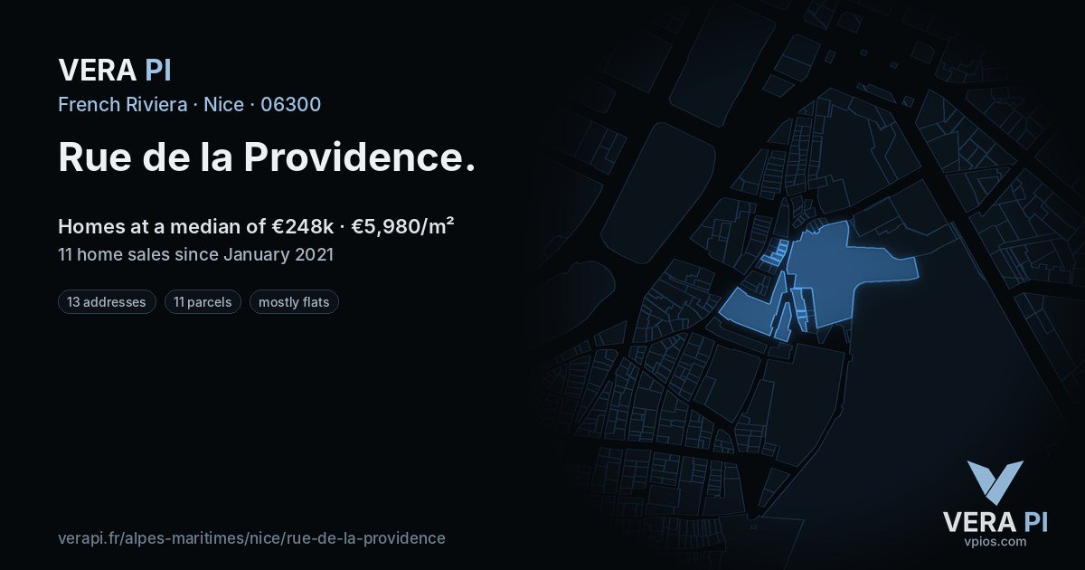 Rue de la Providence, Nice at night – every parcel coloured by the prices around it, the street's own parcels lit