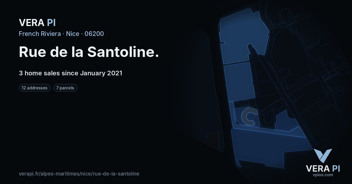 Rue de la Santoline, Nice at night – every parcel coloured by the prices around it, the street's own parcels lit