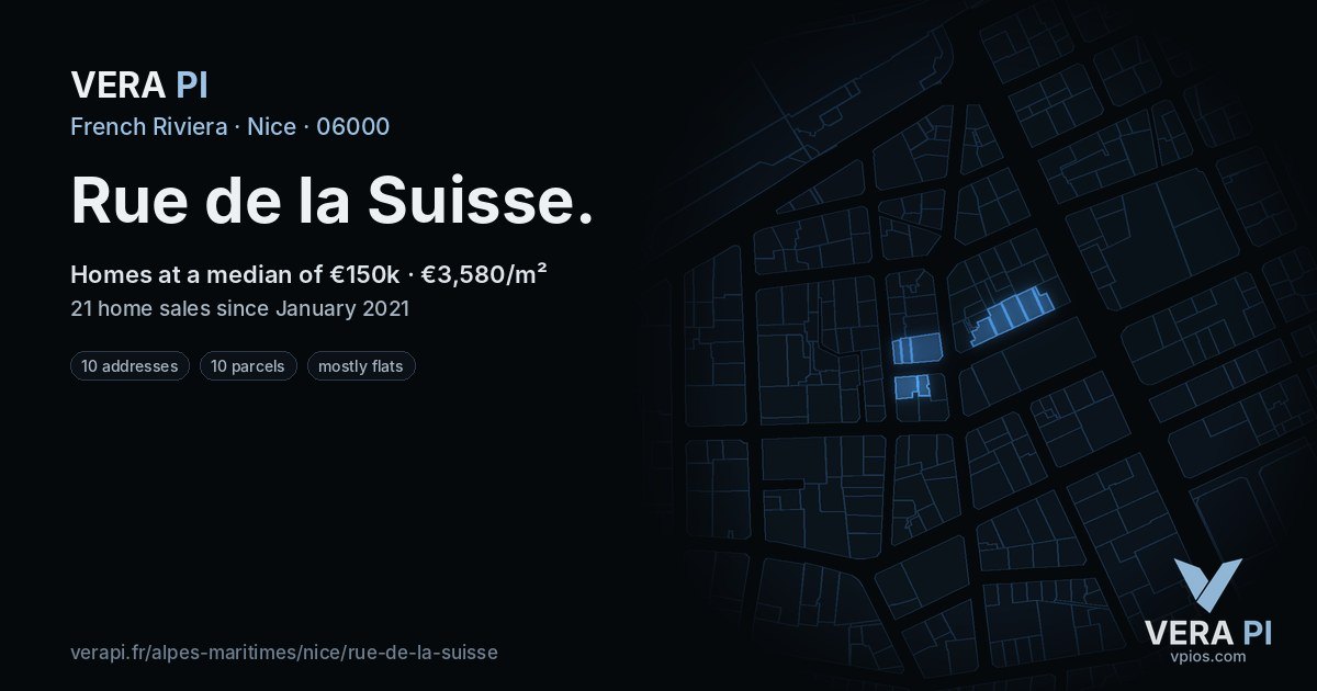 Rue de la Suisse, Nice at night – every parcel coloured by the prices around it, the street's own parcels lit