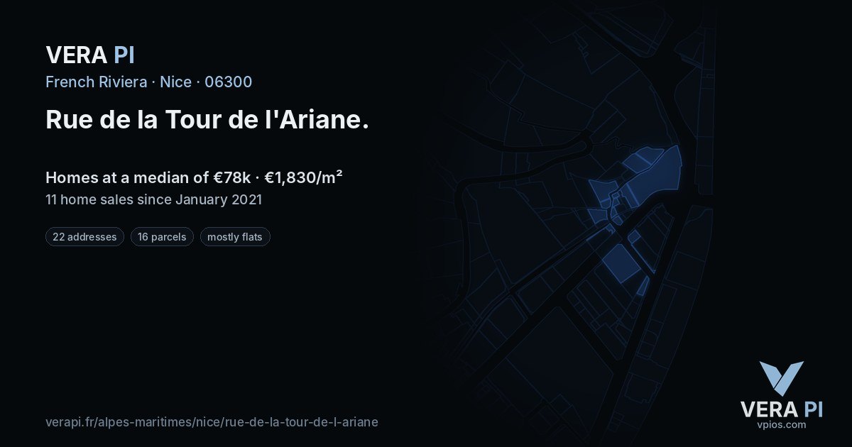 Rue de la Tour de l'Ariane, Nice at night – every parcel coloured by the prices around it, the street's own parcels lit