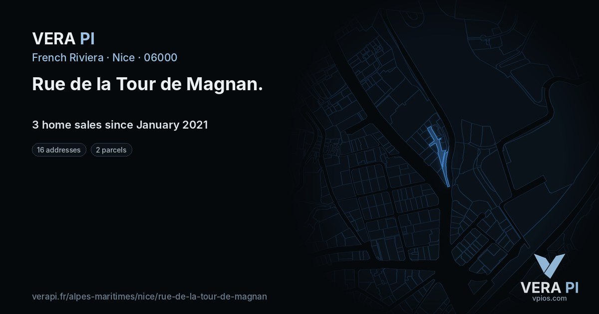 Rue de la Tour de Magnan, Nice at night – every parcel coloured by the prices around it, the street's own parcels lit