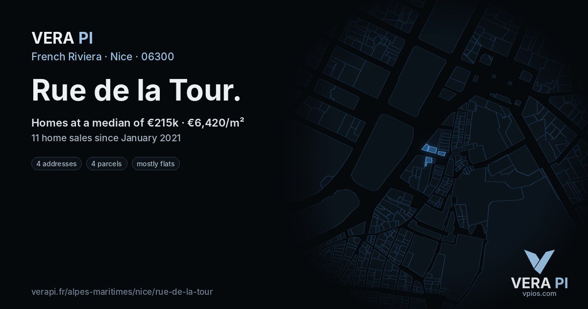 Rue de la Tour, Nice at night – every parcel coloured by the prices around it, the street's own parcels lit