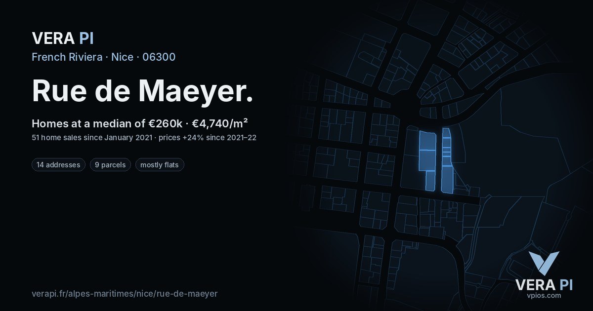 Rue de Maeyer, Nice at night – every parcel coloured by the prices around it, the street's own parcels lit