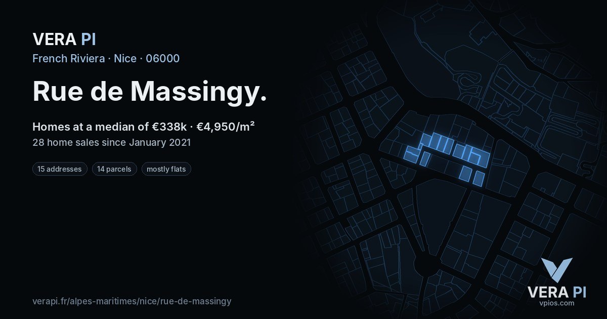 Rue de Massingy, Nice at night – every parcel coloured by the prices around it, the street's own parcels lit