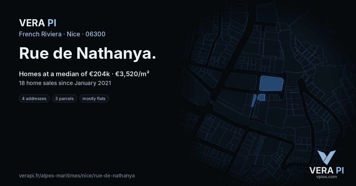 Rue de Nathanya, Nice at night – every parcel coloured by the prices around it, the street's own parcels lit