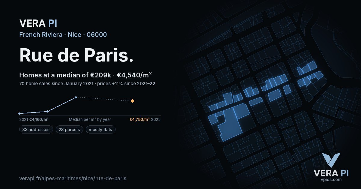 Rue de Paris, Nice at night – every parcel coloured by the prices around it, the street's own parcels lit