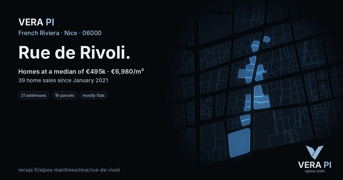 Rue de Rivoli, Nice at night – every parcel coloured by the prices around it, the street's own parcels lit