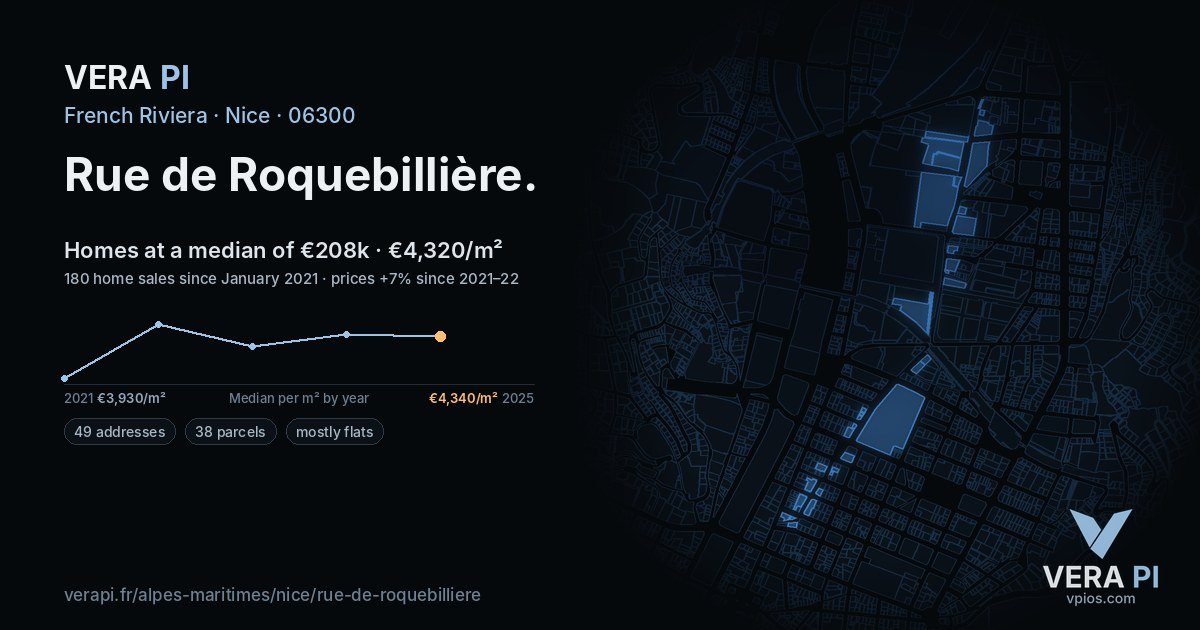 Rue de Roquebillière, Nice at night – every parcel coloured by the prices around it, the street's own parcels lit