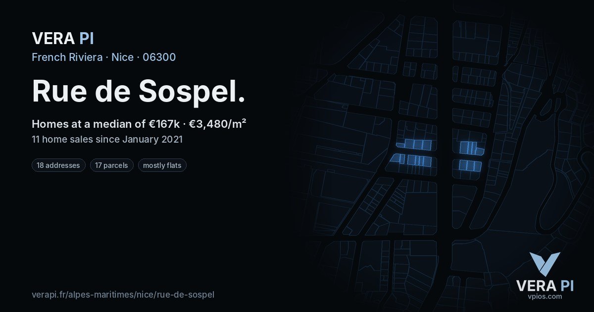 Rue de Sospel, Nice at night – every parcel coloured by the prices around it, the street's own parcels lit
