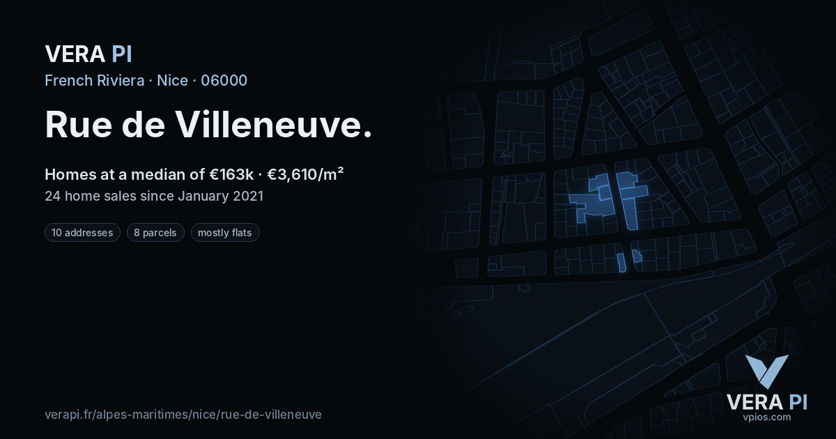 Rue de Villeneuve, Nice at night – every parcel coloured by the prices around it, the street's own parcels lit