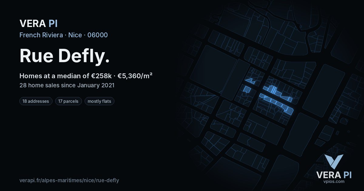 Rue Defly, Nice at night – every parcel coloured by the prices around it, the street's own parcels lit