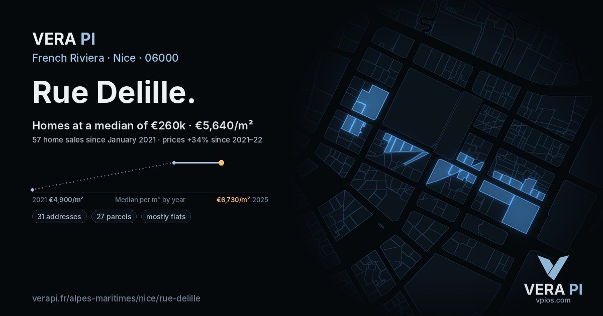 Rue Delille, Nice at night – every parcel coloured by the prices around it, the street's own parcels lit