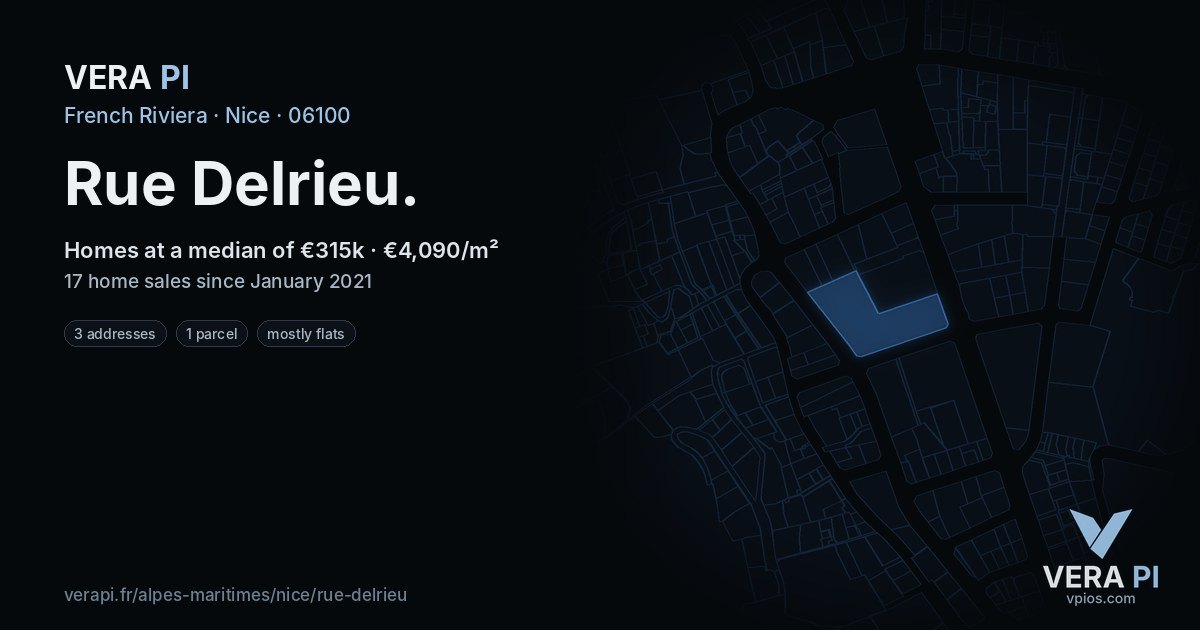 Rue Delrieu, Nice at night – every parcel coloured by the prices around it, the street's own parcels lit