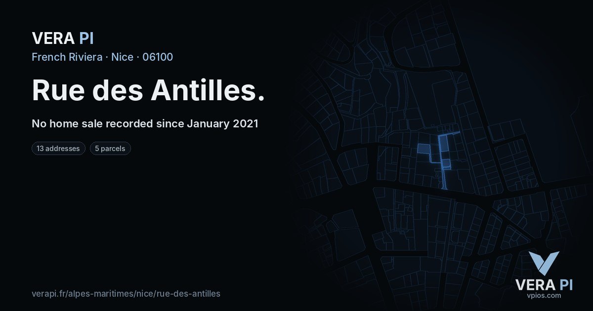 Rue des Antilles, Nice at night – every parcel coloured by the prices around it, the street's own parcels lit