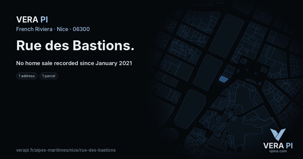 Rue des Bastions, Nice at night – every parcel coloured by the prices around it, the street's own parcels lit