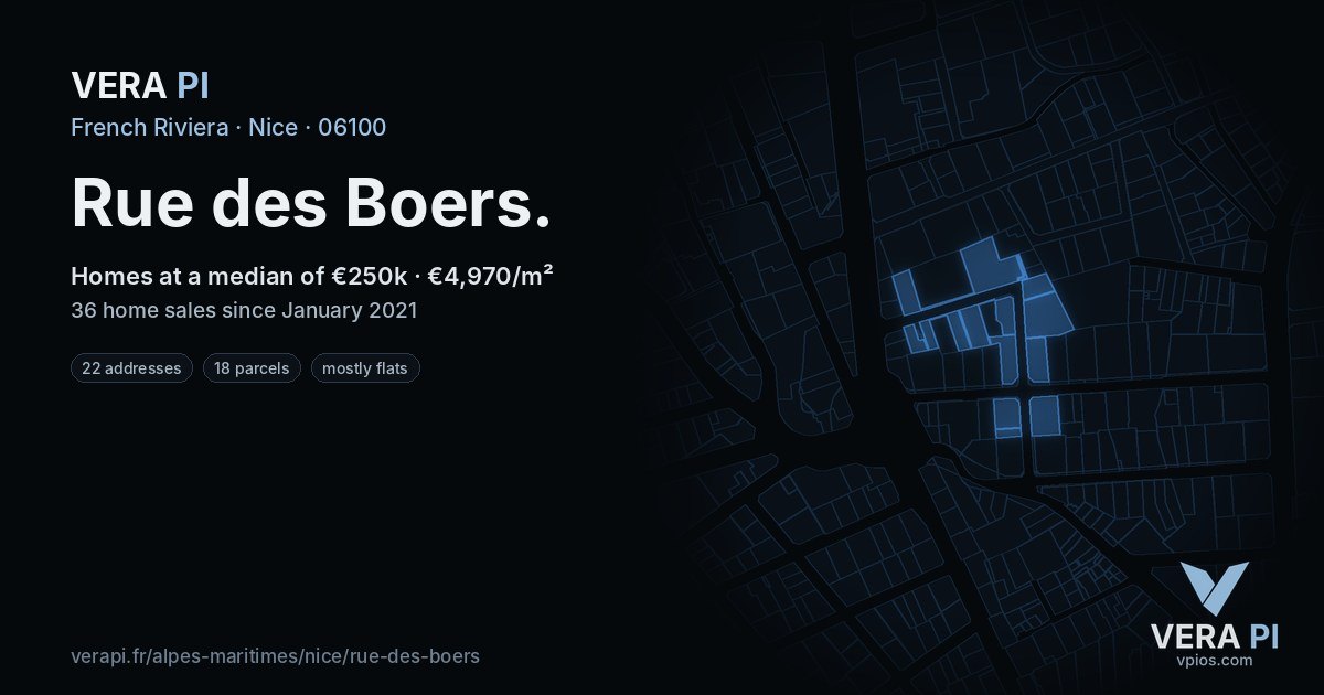Rue des Boers, Nice at night – every parcel coloured by the prices around it, the street's own parcels lit