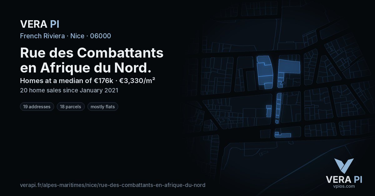 Rue des Combattants en Afrique du Nord, Nice at night – every parcel coloured by the prices around it, the street's own parcels lit