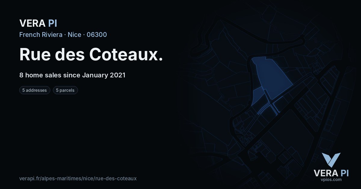 Rue des Coteaux, Nice at night – every parcel coloured by the prices around it, the street's own parcels lit