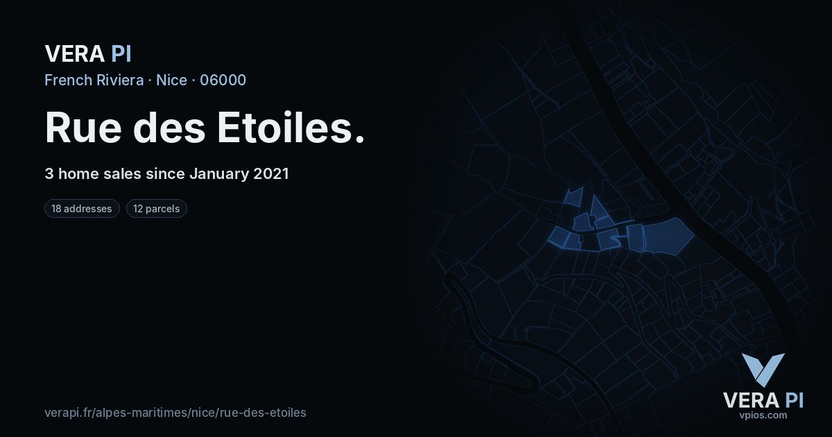 Rue des Etoiles, Nice at night – every parcel coloured by the prices around it, the street's own parcels lit