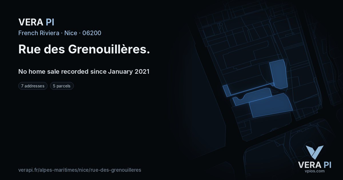 Rue des Grenouillères, Nice at night – every parcel coloured by the prices around it, the street's own parcels lit