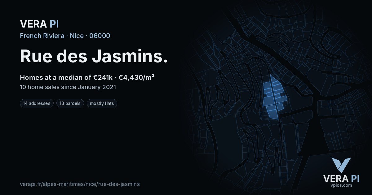 Rue des Jasmins, Nice at night – every parcel coloured by the prices around it, the street's own parcels lit