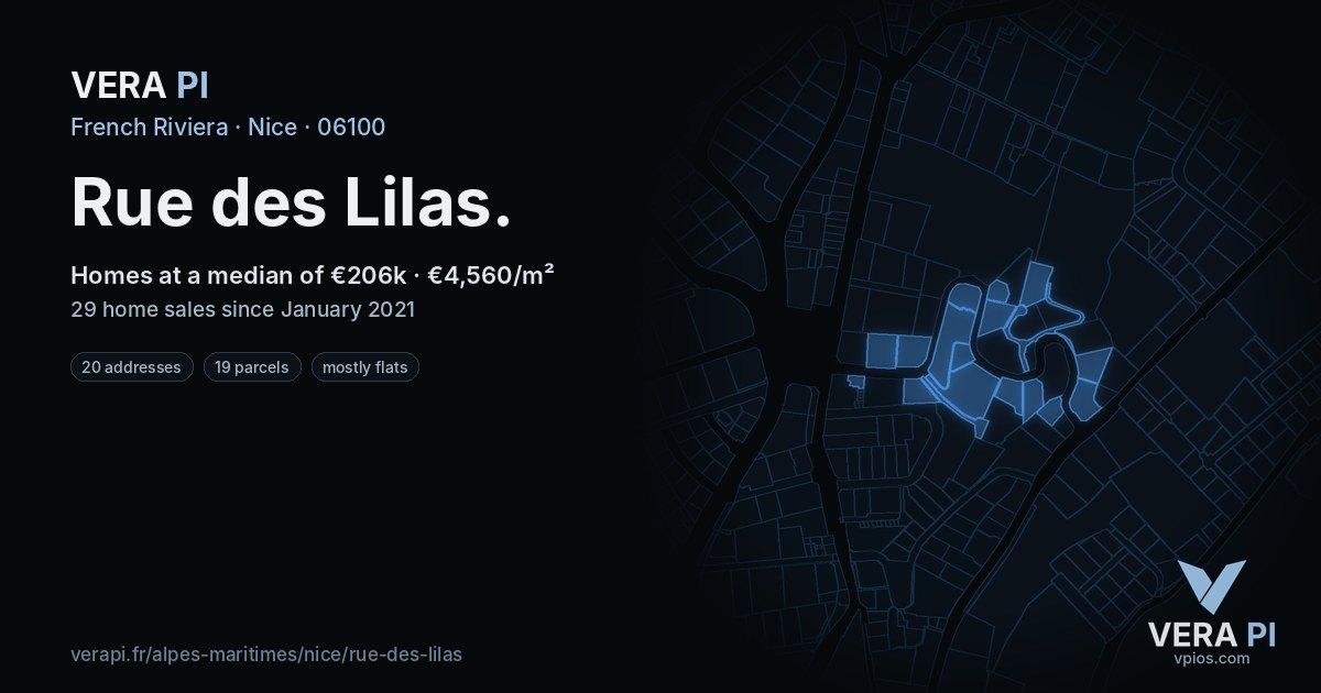 Rue des Lilas, Nice at night – every parcel coloured by the prices around it, the street's own parcels lit