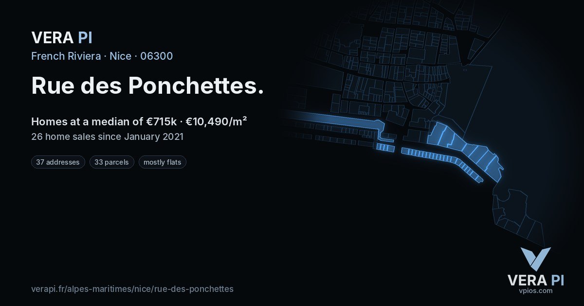 Rue des Ponchettes, Nice at night – every parcel coloured by the prices around it, the street's own parcels lit