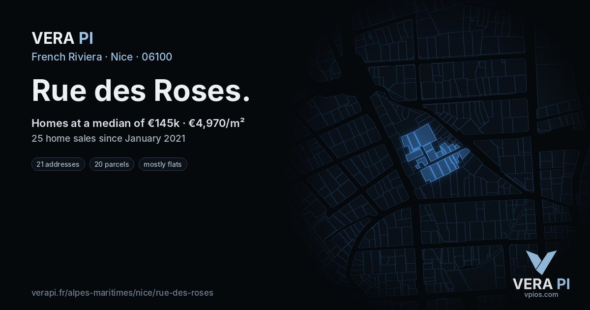 Rue des Roses, Nice at night – every parcel coloured by the prices around it, the street's own parcels lit