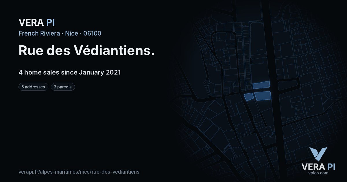 Rue des Védiantiens, Nice at night – every parcel coloured by the prices around it, the street's own parcels lit