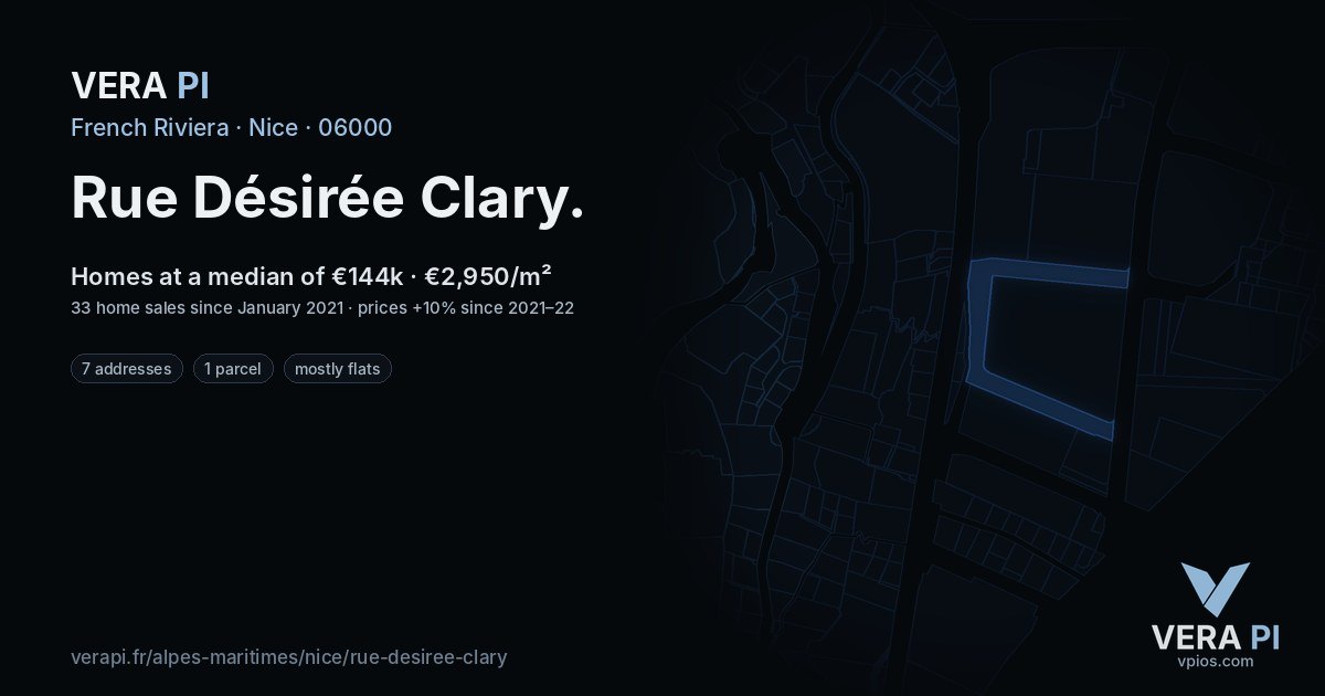 Rue Désirée Clary, Nice at night – every parcel coloured by the prices around it, the street's own parcels lit