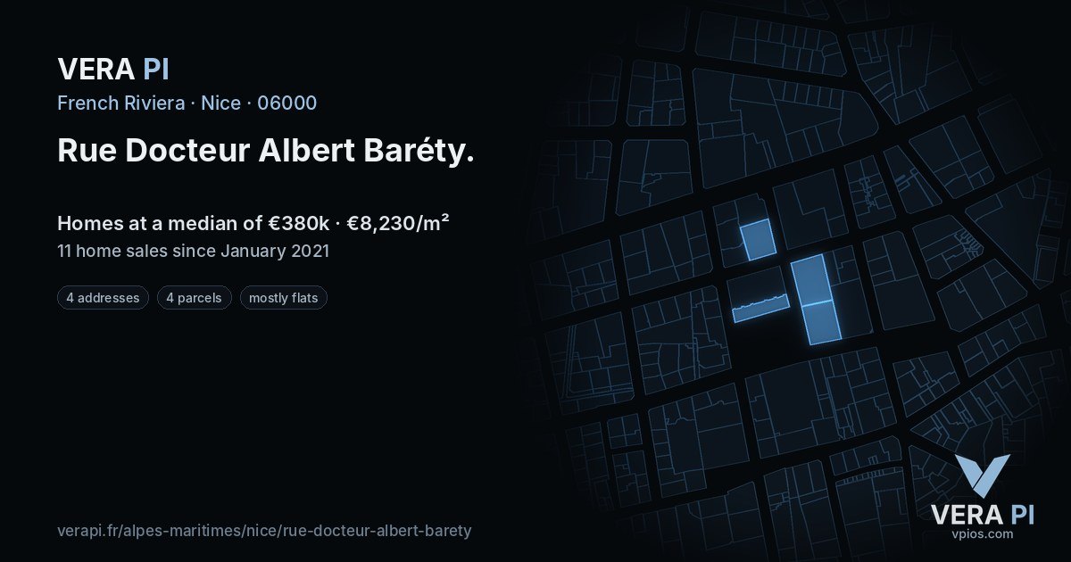 Rue Docteur Albert Baréty, Nice at night – every parcel coloured by the prices around it, the street's own parcels lit