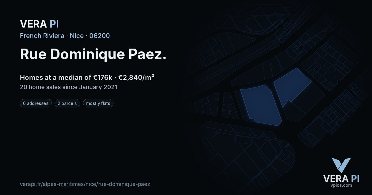 Rue Dominique Paez, Nice at night – every parcel coloured by the prices around it, the street's own parcels lit