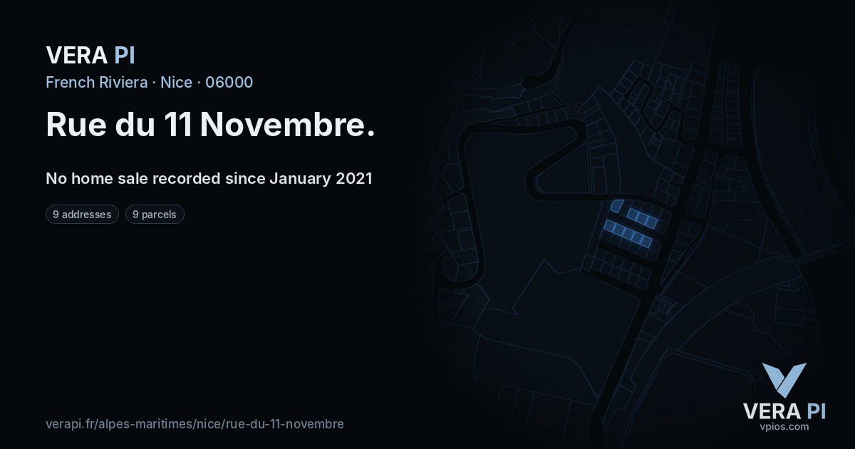 Rue du 11 Novembre, Nice at night – every parcel coloured by the prices around it, the street's own parcels lit