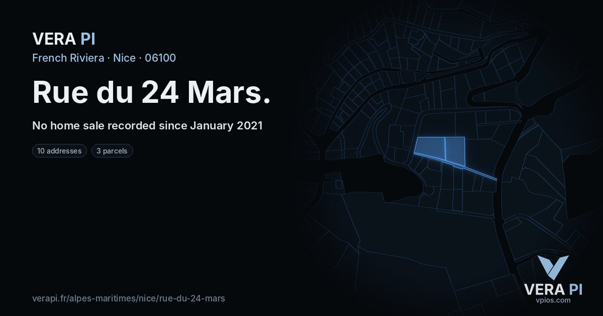 Rue du 24 Mars, Nice at night – every parcel coloured by the prices around it, the street's own parcels lit