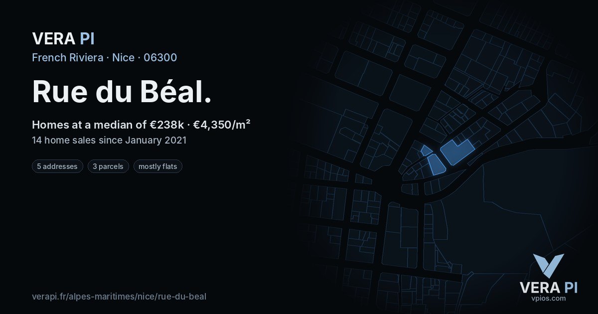 Rue du Béal, Nice at night – every parcel coloured by the prices around it, the street's own parcels lit
