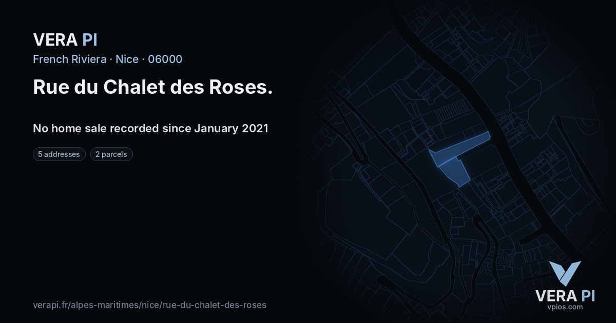 Rue du Chalet des Roses, Nice at night – every parcel coloured by the prices around it, the street's own parcels lit