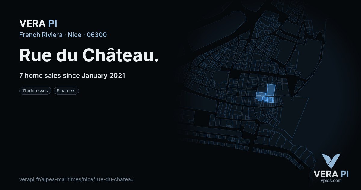 Rue du Château, Nice at night – every parcel coloured by the prices around it, the street's own parcels lit