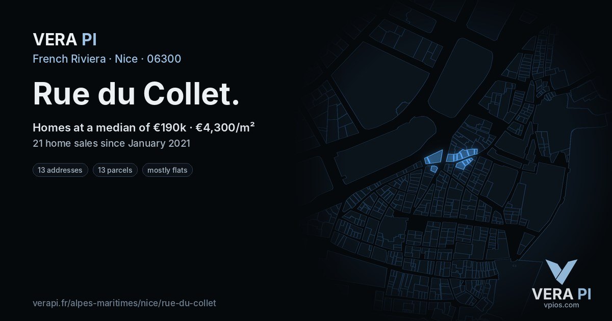Rue du Collet, Nice at night – every parcel coloured by the prices around it, the street's own parcels lit